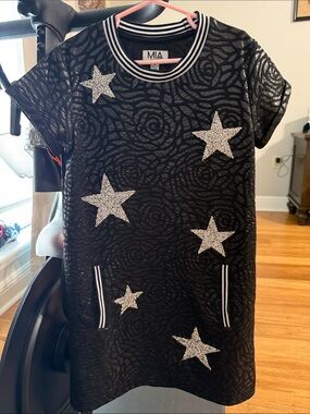 MIA Black Short Sleeve Dress with Silver Glitter Stars, Medium